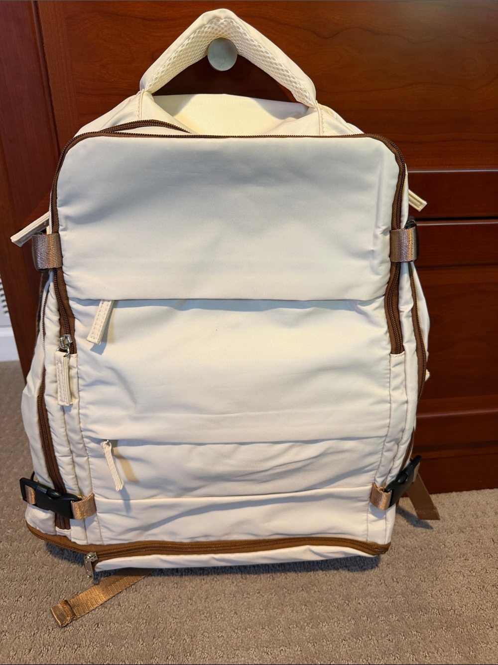 Cream Backpack with Brown Trim